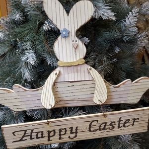 Vintage Farmhouse Cottage Wooden Easter Bunny Door Hanger Sign